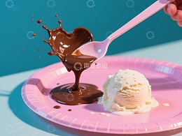 巧克力酱倾泻在冰淇淋上
