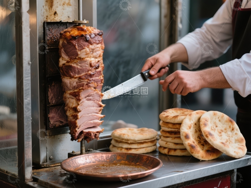 高清大图下载【趣麦麦图】街头美食：烤肉与面饼的完美结合