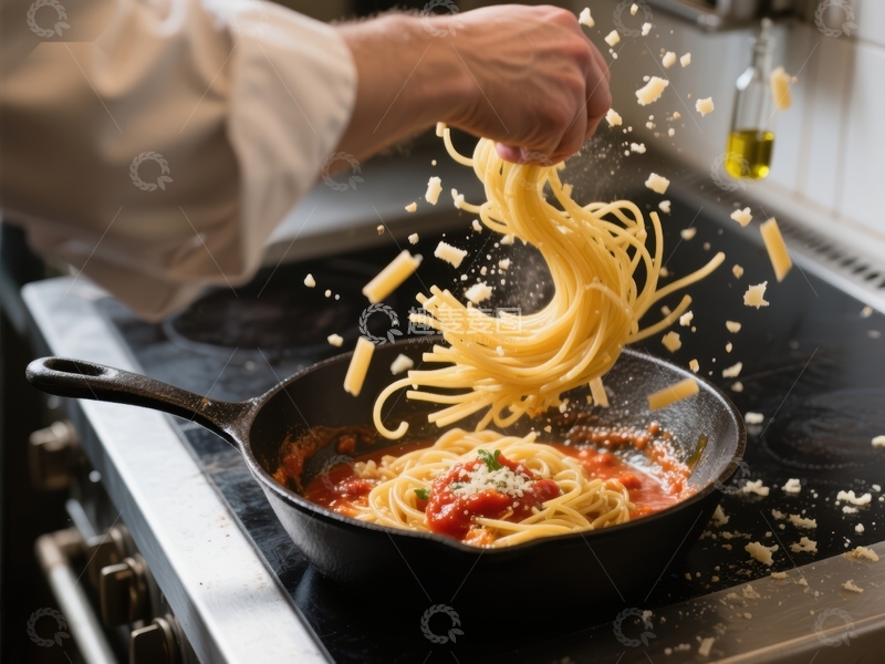 高清大图下载【趣麦麦图】厨师抛洒意大利面入锅