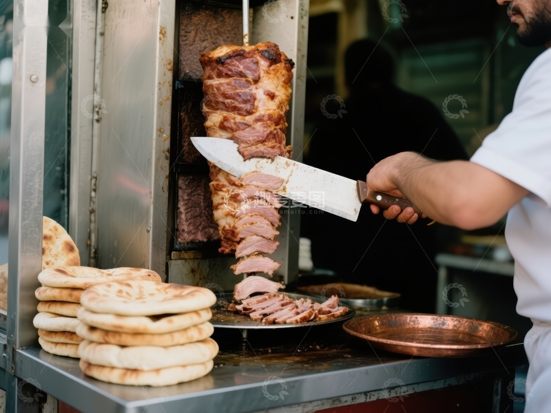 高清大图下载【趣麦麦图】街头美食：烤肉师傅切制旋转烤肉
