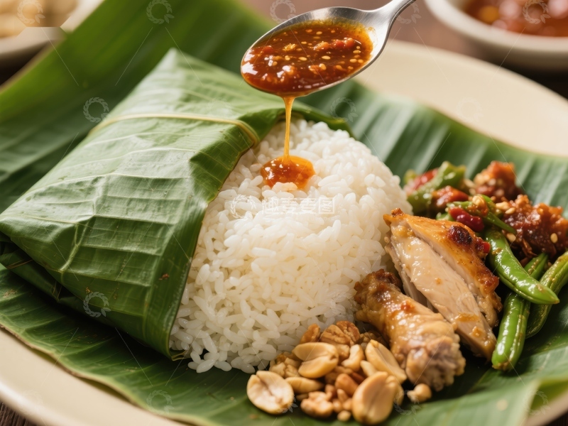 高清大图下载【趣麦麦图】香蕉叶上的鸡肉饭配花生和辣椒酱