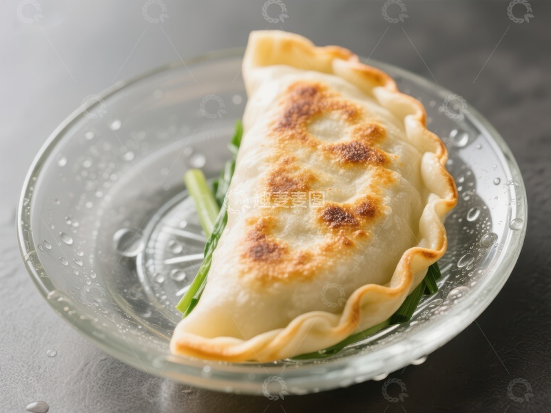 高清大图下载【趣麦麦图】金黄煎饺置于透明碟中