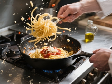 厨师翻炒意大利面