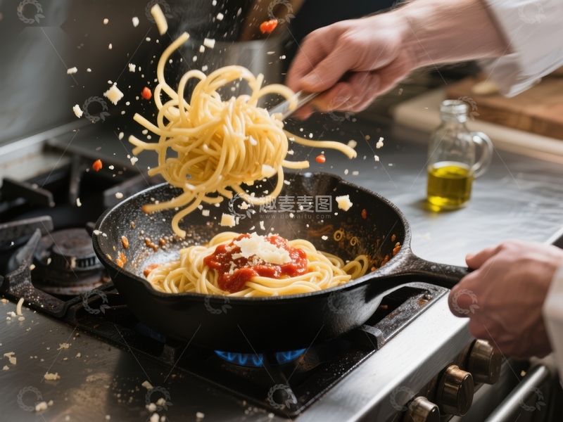 高清大图下载【趣麦麦图】厨师翻炒意大利面