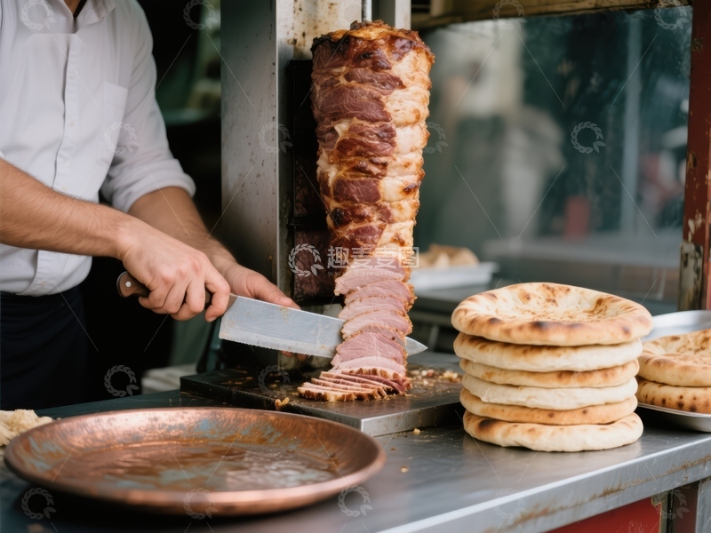高清大图下载【趣麦麦图】街头美食：切肉师傅制作烤肉卷饼