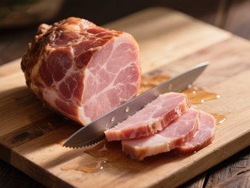 切片火腿，木板上的美食