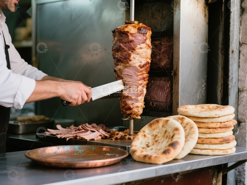 高清大图下载【趣麦麦图】厨师切割旋转烤肉，旁边摆放面包