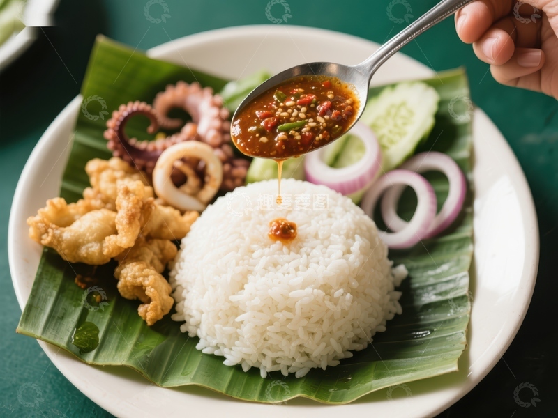 高清大图下载【趣麦麦图】泰式米饭配海鲜与辣椒酱