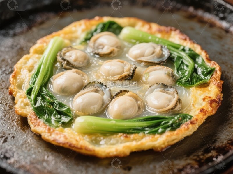 高清大图下载【趣麦麦图】煎制海鲜饼，搭配青菜与贝类
