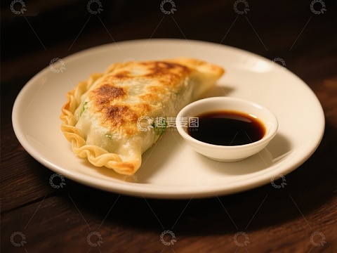 金黄煎饺配酱油碟