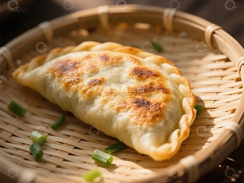 金黄煎饺置于竹篮，点缀葱花