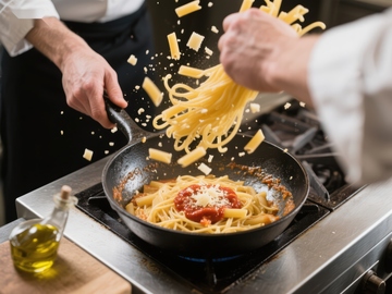 厨师翻炒意大利面