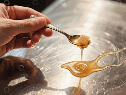 蜂蜜从勺中滴落，金色液体在金属表面流淌