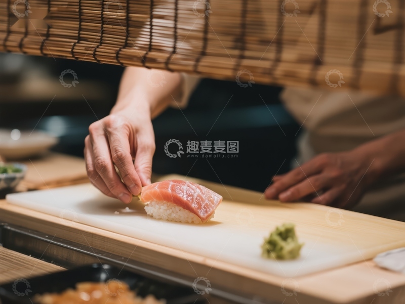 高清大图下载【趣麦麦图】寿司师傅精心制作三文鱼寿司