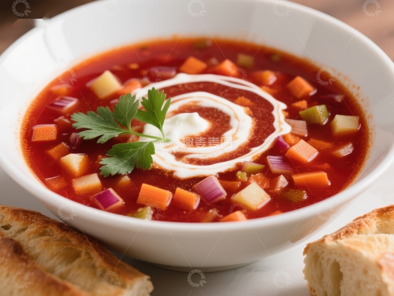 高清大图下载【趣麦麦图】蔬菜汤配酸奶油和面包
