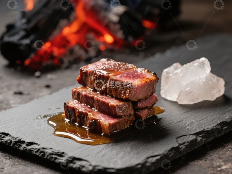 高清大图下载【趣麦麦图】炭火旁的煎牛排配冰块
