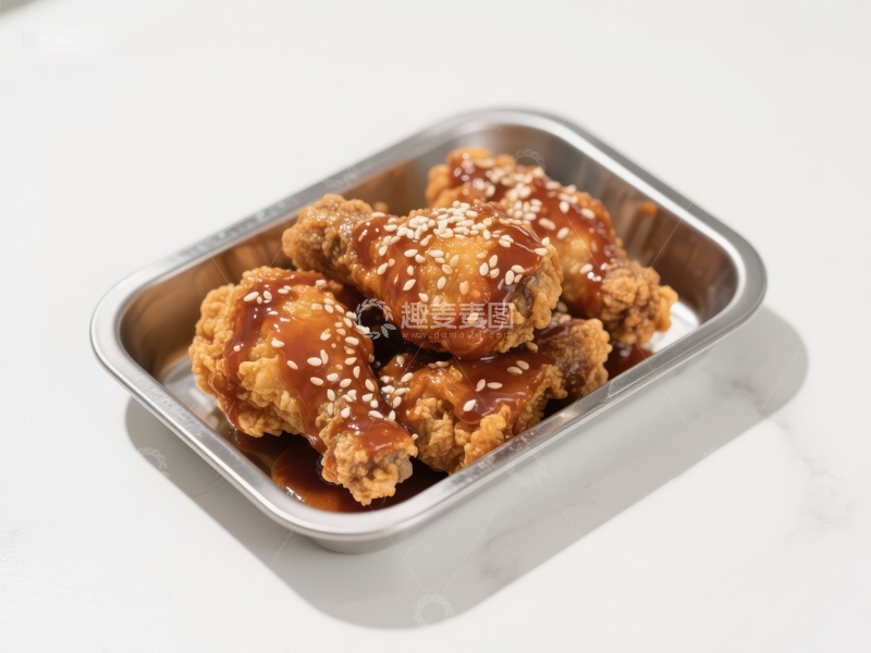 高清大图下载【趣麦麦图】酱汁鸡翅配芝麻，摆放在金属盘中