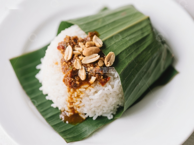 高清大图下载【趣麦麦图】香蕉叶上的米饭配花生酱