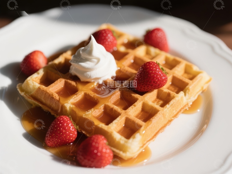 高清大图下载【趣麦麦图】草莓奶油华夫饼配糖浆