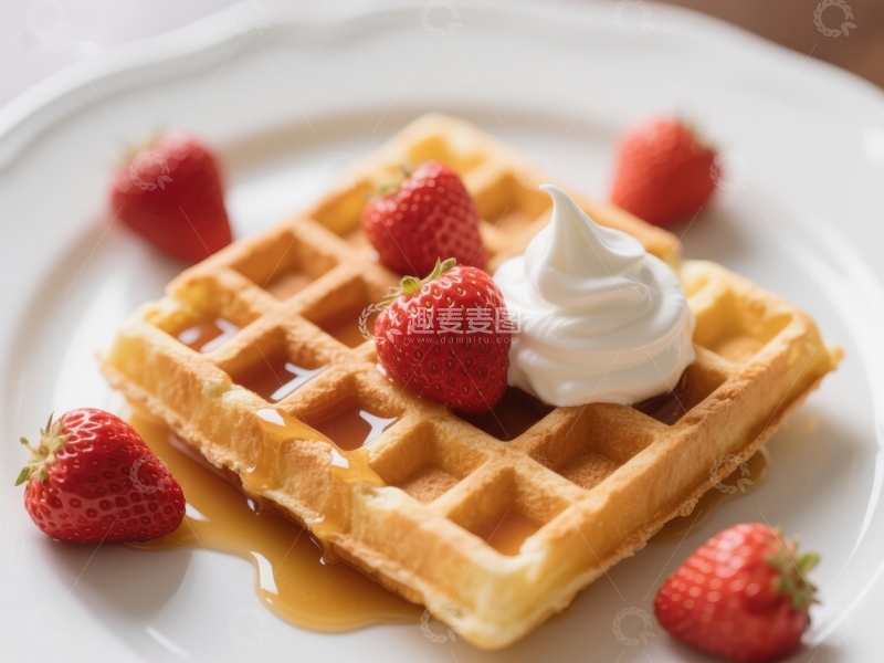 高清大图下载【趣麦麦图】草莓奶油华夫饼配蜂蜜