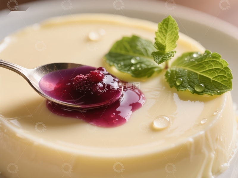 高清大图下载【趣麦麦图】奶油布丁配覆盆子酱和薄荷叶