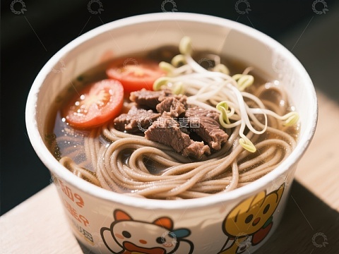 牛肉面碗装，配以豆芽和番茄