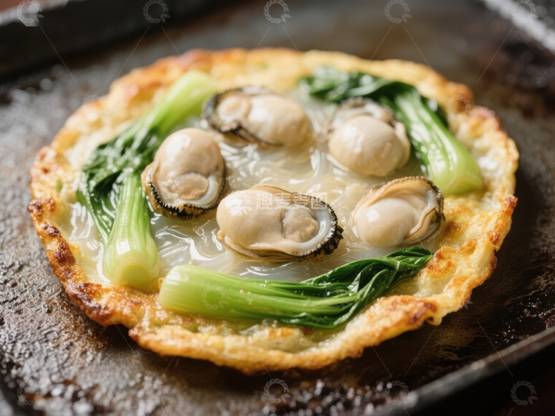 高清大图下载【趣麦麦图】煎制的蚝饼配青菜