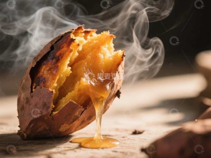 高清大图下载【趣麦麦图】热腾腾的烤红薯，糖汁流淌