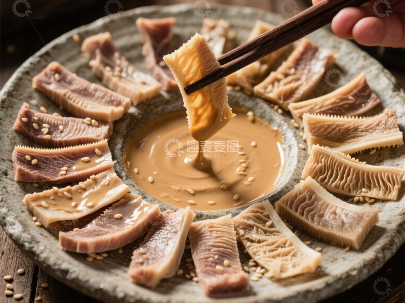 高清大图下载【趣麦麦图】蘸酱的鱼片美食特写