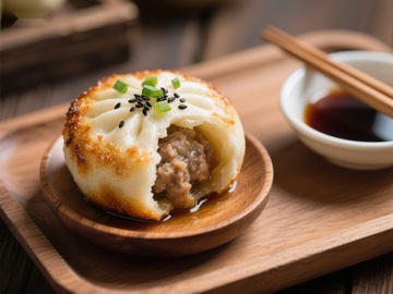 美味煎包配酱油，中式点心特写