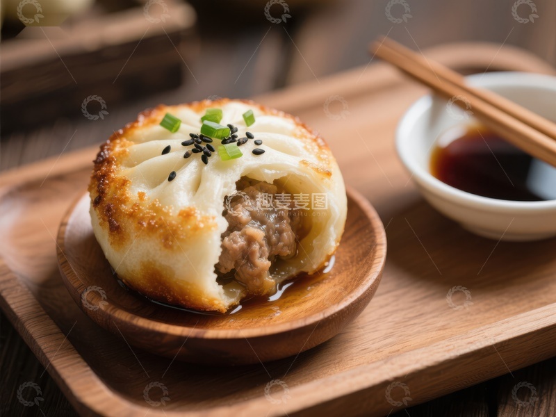 高清大图下载【趣麦麦图】美味煎包配酱油，中式点心特写