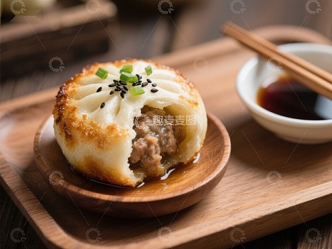 美味煎包配酱油，中式点心特写