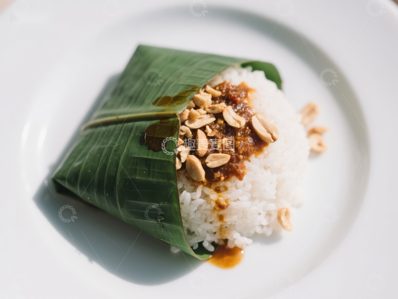 高清大图下载【趣麦麦图】香蕉叶包裹的米饭配花生酱
