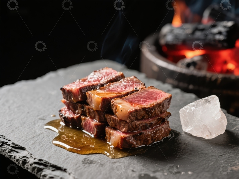 高清大图下载【趣麦麦图】烟熏牛排配冰块，炭火背景