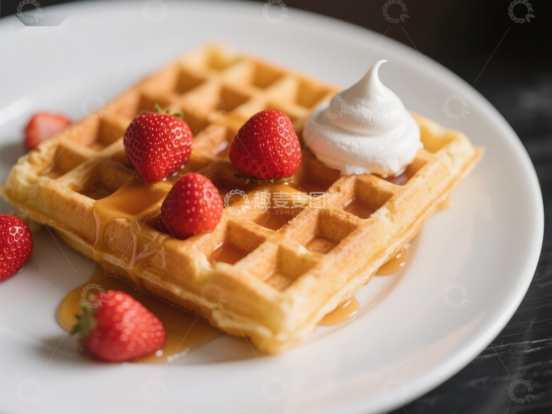 高清大图下载【趣麦麦图】草莓奶油华夫饼配糖浆