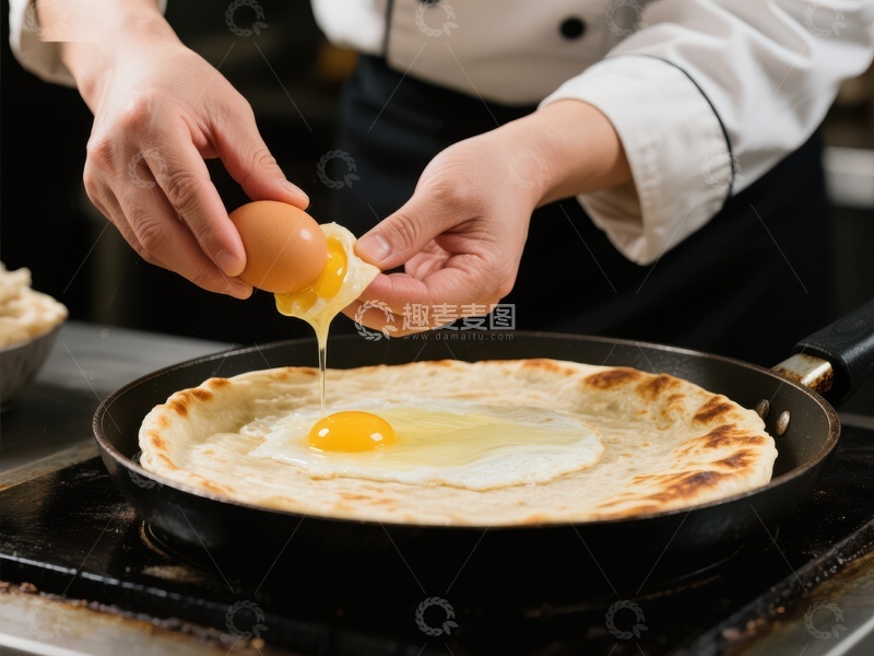 高清大图下载【趣麦麦图】厨师正在煎锅中打蛋制作美食