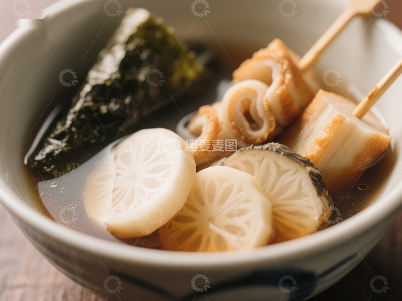 高清大图下载【趣麦麦图】日式味噌汤配莲藕和海带