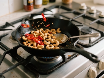 炒锅中的腰果与红椒