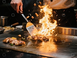 铁板烧火焰烹饪鸡肉