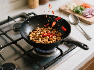 炒锅中的腰果与红椒