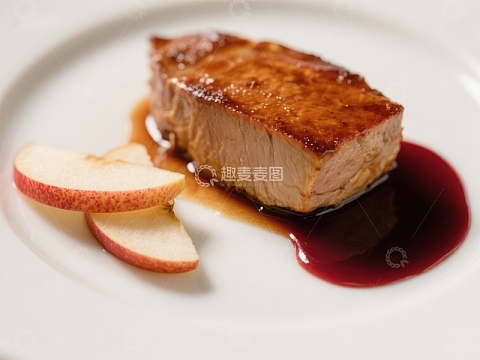 煎烤肉配苹果片与酱汁