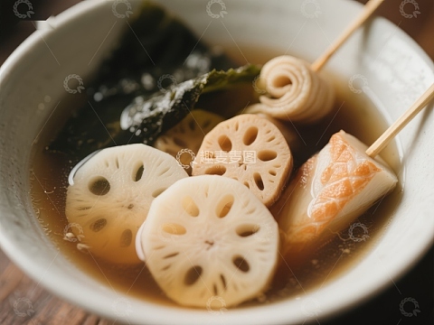 日式清汤配莲藕与鱼糕
