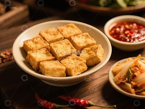金黄豆腐配辣酱与泡菜