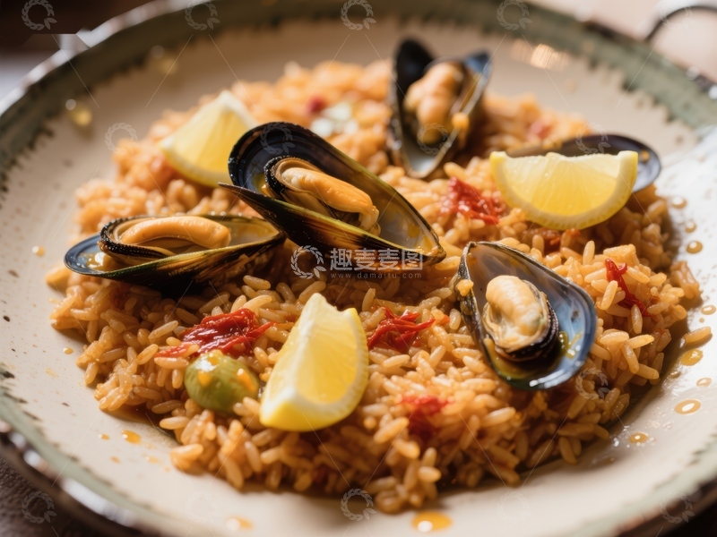 高清大图下载【趣麦麦图】海鲜饭配贻贝和柠檬