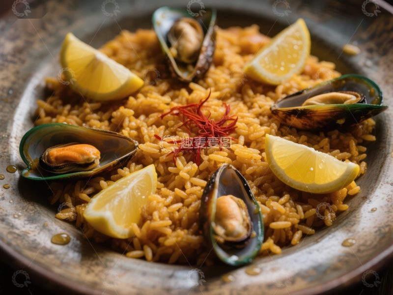高清大图下载【趣麦麦图】海鲜饭配柠檬与贻贝