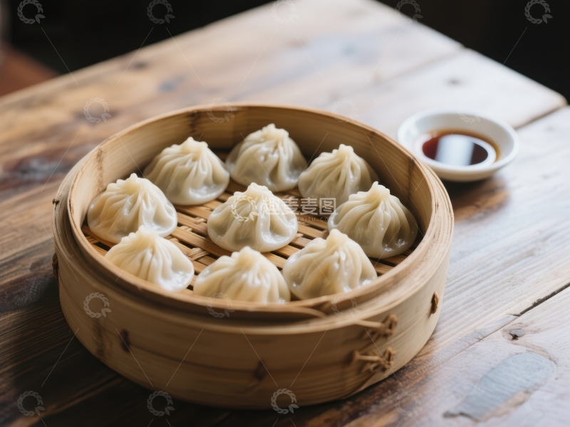 高清大图下载【趣麦麦图】竹笼蒸饺配酱油碟