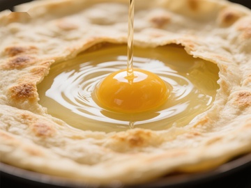 蛋黄缓缓倒入烤饼中心
