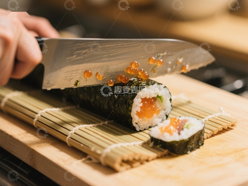 高清大图下载【趣麦麦图】刀切寿司，鱼籽飞溅瞬间