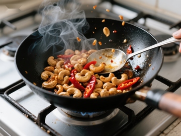 炒锅中翻炒腰果与红椒