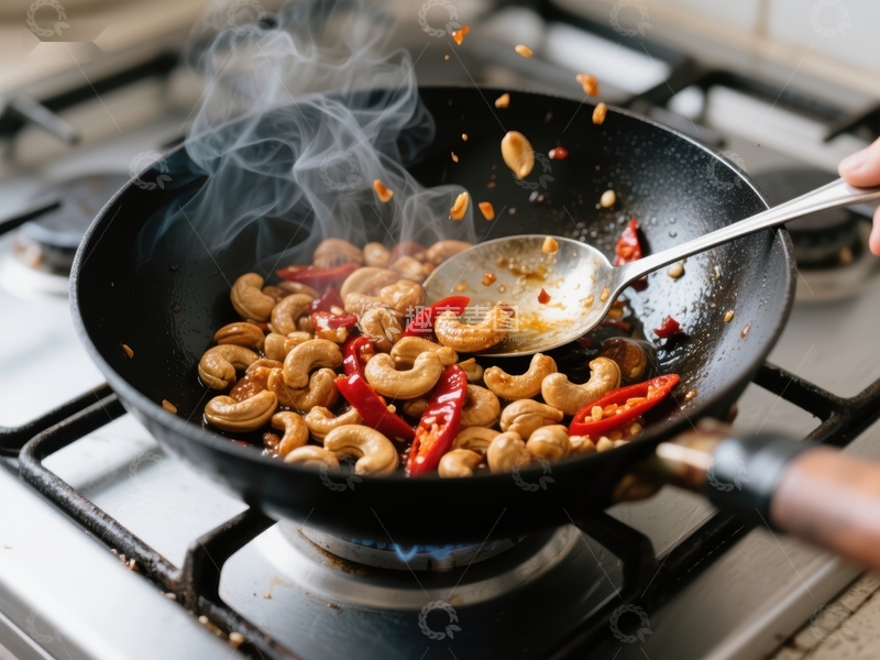 高清大图下载【趣麦麦图】炒锅中翻炒腰果与红椒